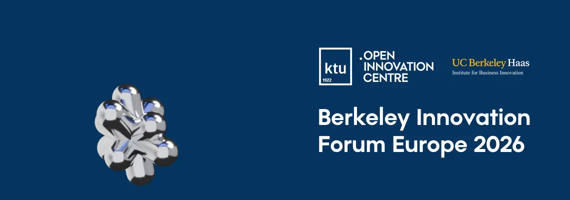 Promotional visual for &ldquo;Berkeley Innovation Forum Europe 2026&rdquo; featuring an animated metallic star-shaped structure unfolding on a dark blue background. The visual includes the KTU logo, the KTU Open Innovation Centre logo, the UC Berkeley Haas Institute for Business Innovation logo, and the text &ldquo;Berkeley Innovation Forum Europe 2026&rdquo;. The expanding metallic form symbolizes innovation, collaboration, and the exchange of ideas.