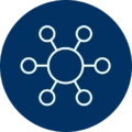 White network icon inside a dark blue circle with a central node connected to surrounding nodes, representing collaboration between business, technology, and innovation leaders.