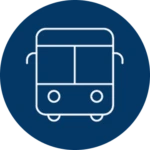 White bus icon inside a dark blue circle representing public transportation options for reaching the Berkeley Innovation Forum Europe 2026 venue in Kaunas.