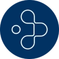 White interconnected node icon inside a dark blue circle representing artificial intelligence, innovation, and value creation.