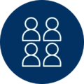 White icon of four stylized people inside a dark blue circle representing open innovation communities, networking, and knowledge exchange.