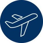 White airplane icon inside a dark blue circle representing international and domestic air travel options for attending Berkeley Innovation Forum Europe 2026.
