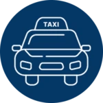 White taxi icon inside a dark blue circle representing taxi and ride-hailing transportation options for reaching the Berkeley Innovation Forum Europe 2026 venue.