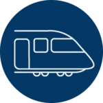 White train icon inside a dark blue circle representing railway travel options for reaching the Berkeley Innovation Forum Europe 2026 venue in Kaunas.
