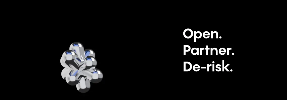 Animated star-shaped metallic structure with a blue hue glow. On the right &ndash; slogan 