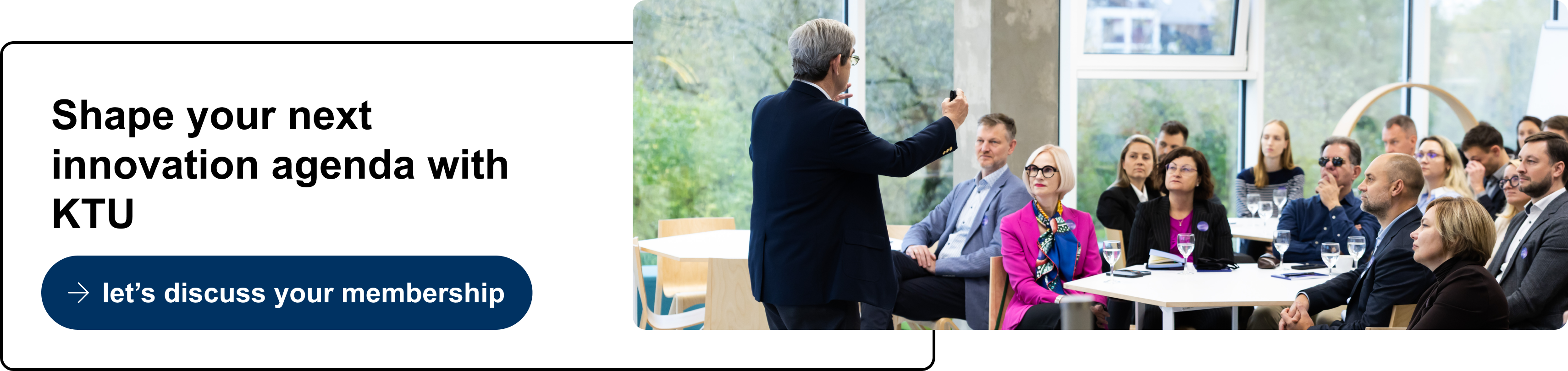 Promotional banner inviting organisations to shape their next innovation agenda with KTU, featuring a speaker addressing an audience at an event.