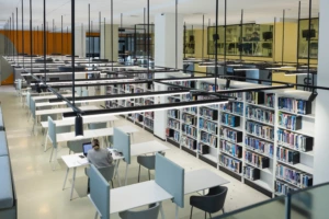 Library workstations, bookshelves, pibture form above